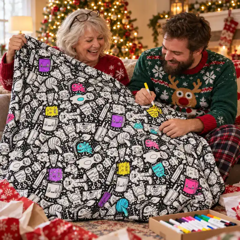 A folded coloring blanket tied with a ribbon next to fabric markers